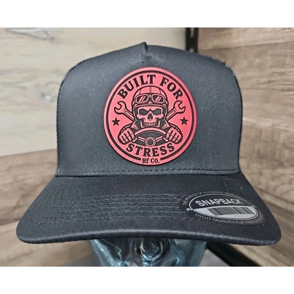 BUILT FOR STRESS  RF co. Leather Patch Black Trucker Snapback Hat 5 Panels Cap